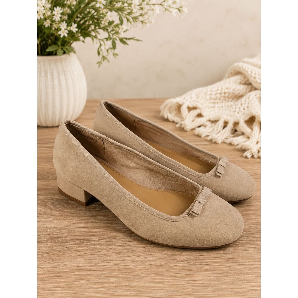 J.CREW Beige Suede Low Block Heels 6.5 Women's Slip On Round Toe Dress Shoes